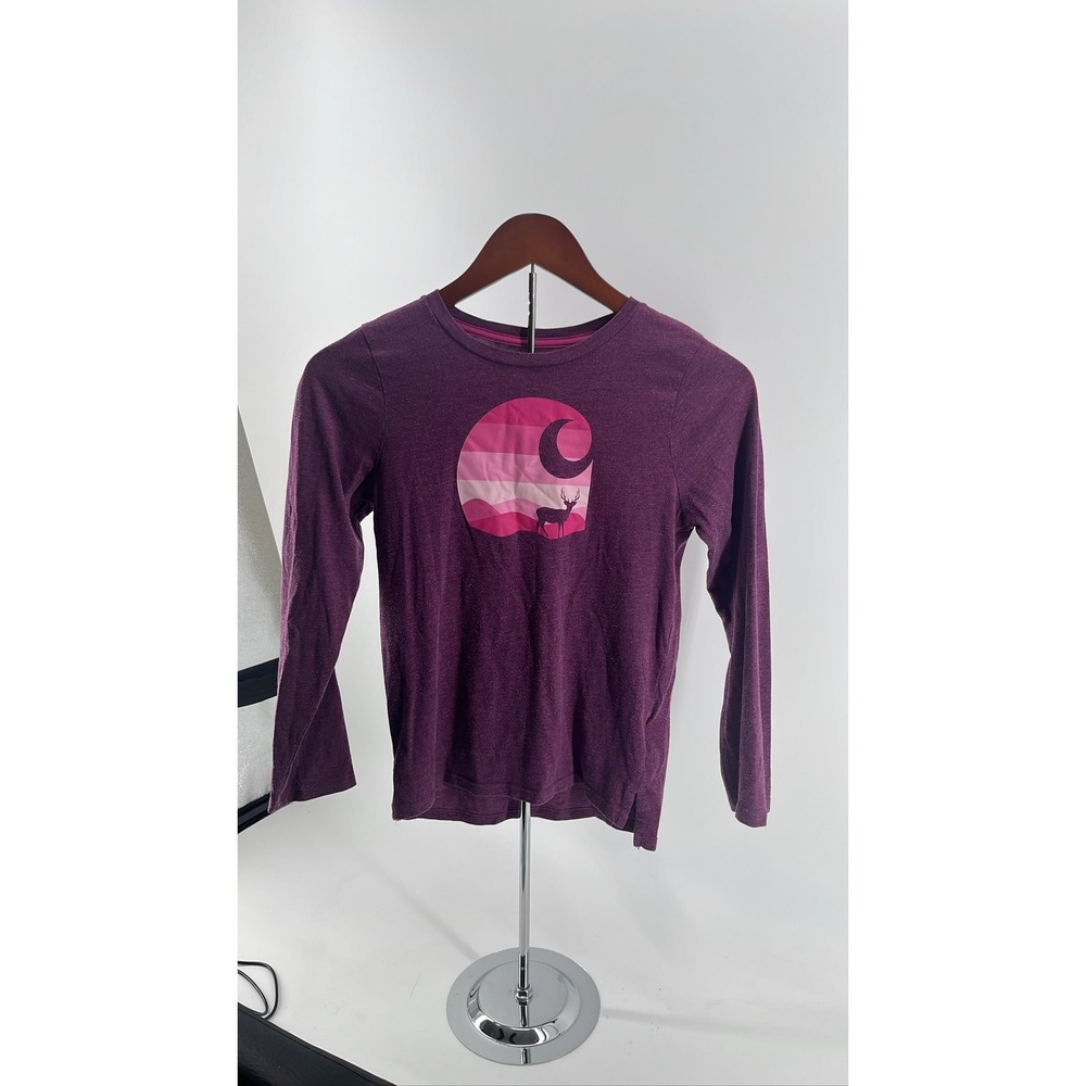 Carhartt Girls Purple Heathered Long Sleeve Deer Moon Graphic T-Shirt Size M 10